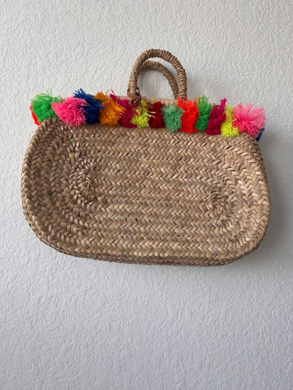Adorably Fun Natural Straw Tote with Multicolor Pom Trim